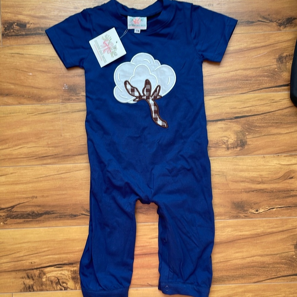Southern Sass Smocks boys button romper size 12M. Navy Blue